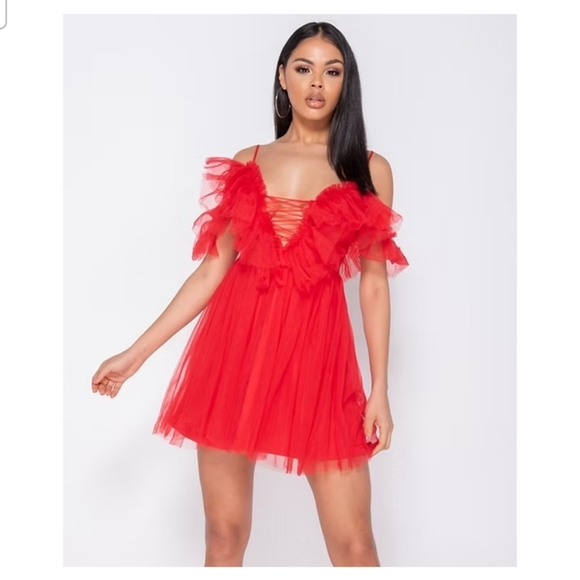 EILLY BAZAR Red Sheer Mesh Tie Front Ruffle Detail Cold Shoulder Mini Dress. XS - Picture 1 of 16